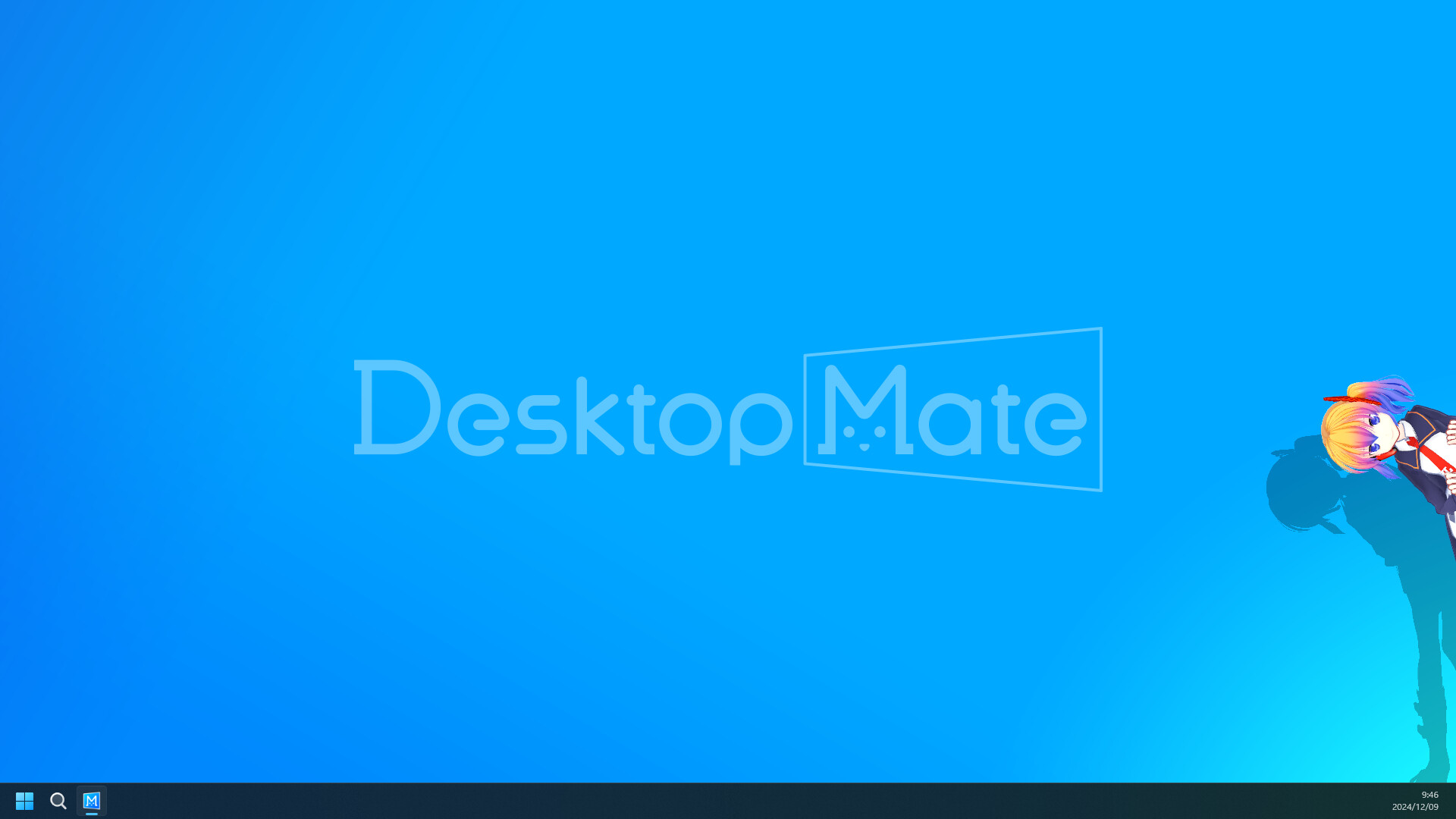 Desktop Mate character standing on a real Windows desktop in an official product screenshot.