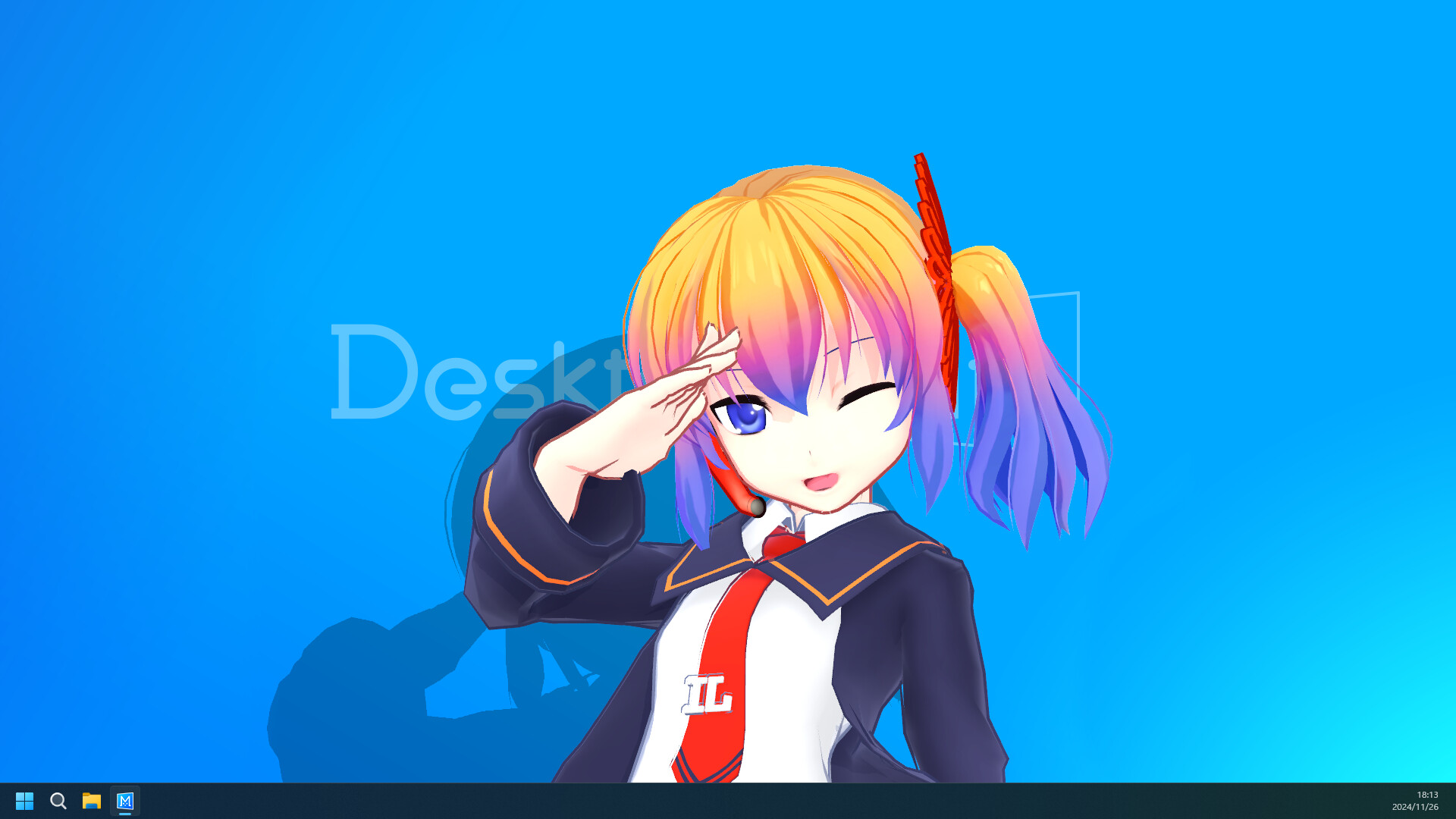 Desktop Mate settings beside a character on a real desktop.